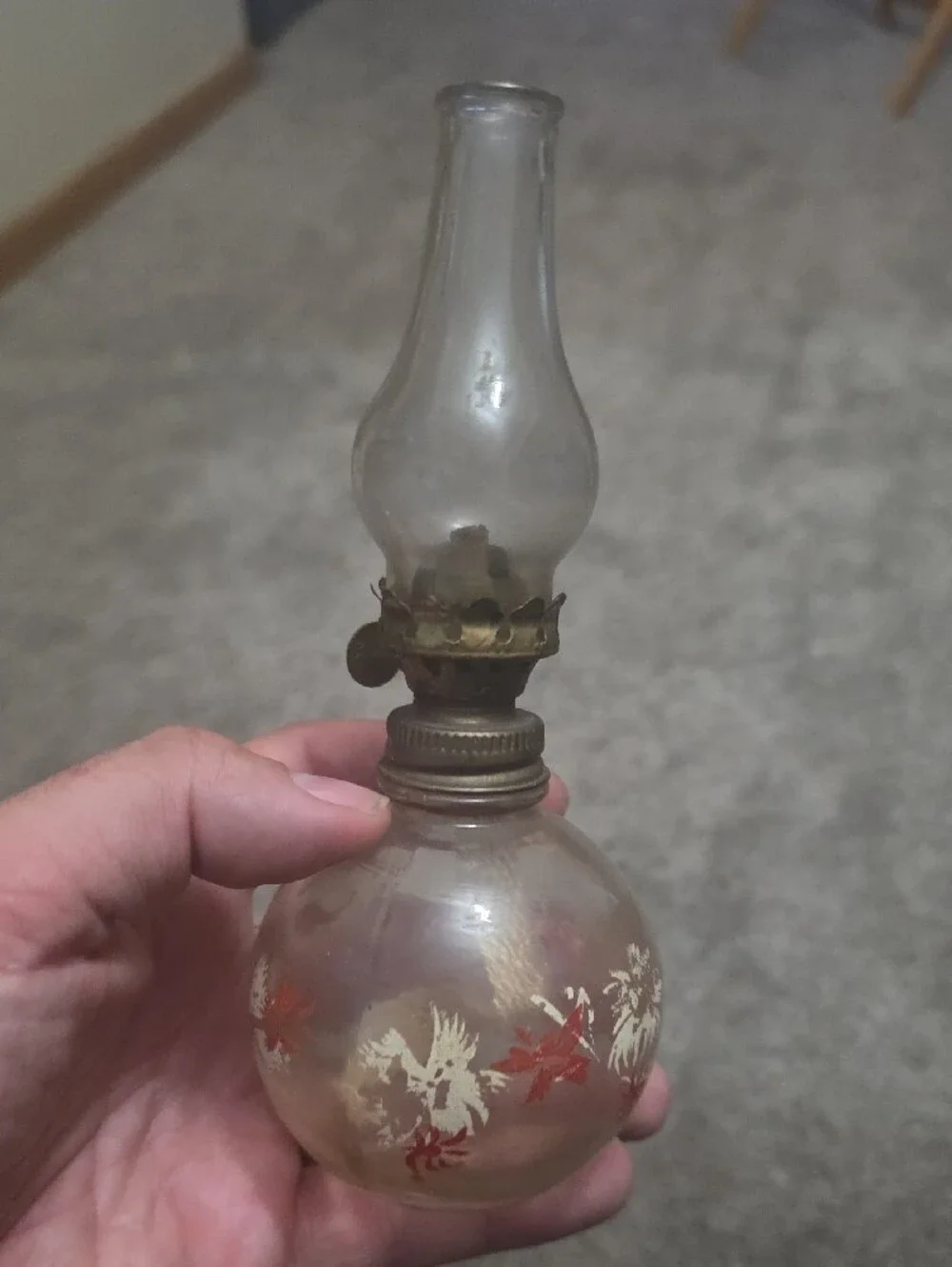 Vintage Glass Hurricane Oil Lamp with Hand- Painted White and Red Floral Design